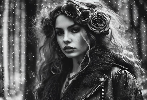 AI generated illustration of a beautiful woman in black attire standing outdoors, in grayscale