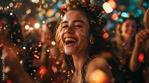 AI generated illustration of a young female smilgin and having fun at a party photo
