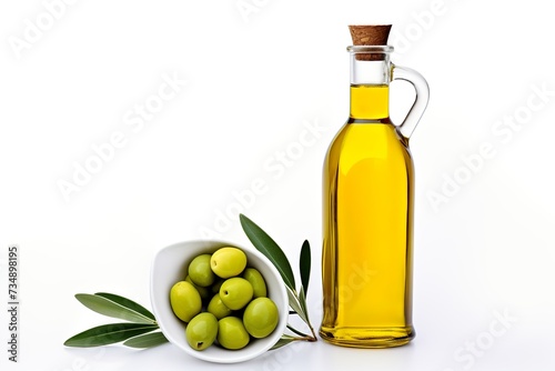 glass bottle of olive oil with olive photography concept on studio background