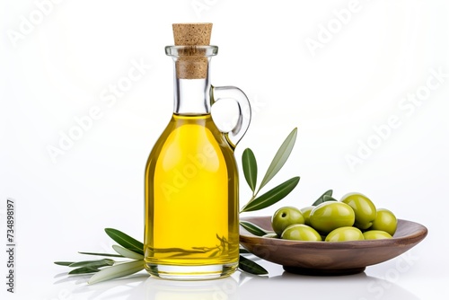 glass bottle of olive oil with olive photography concept on studio background