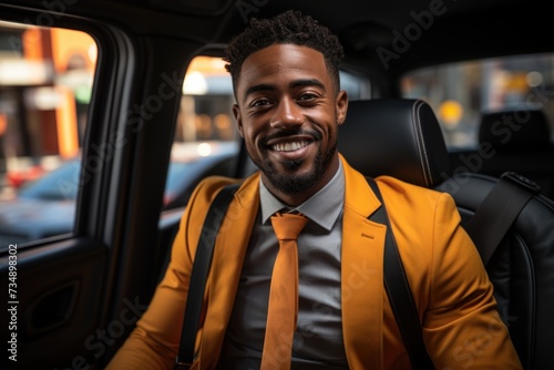Smiling businessman in yellow jacket inside a car. City life and success concept.