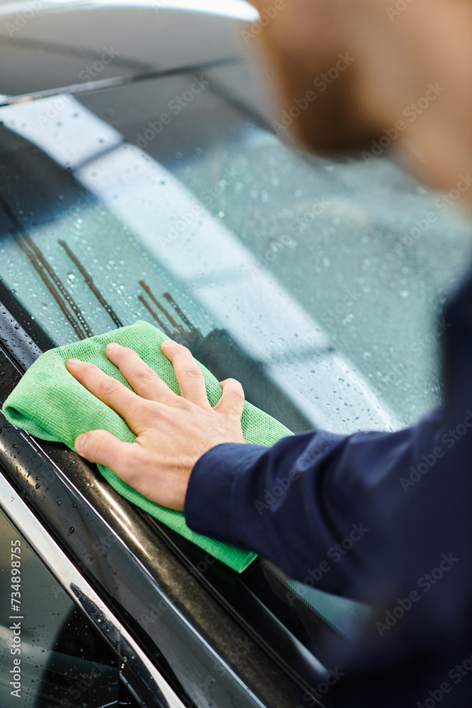 cropped view of dedicated professional worker in uniform using rag to clean black modern car