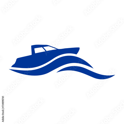 Logo Nautical. Silueta de lancha rápida con olas de mar