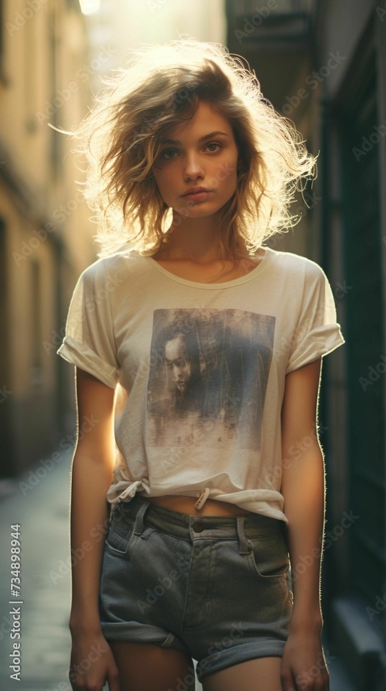 Φωτογραφία AI generated illustration of a young woman in a shirt and denim shorts, standing
