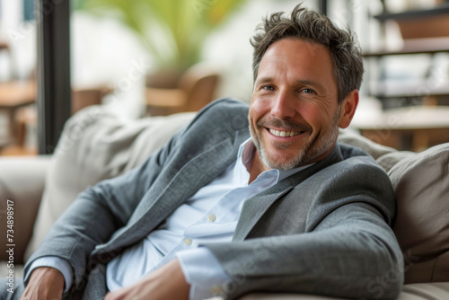 A businessman relaxing on a couch, smiling directly at the camera.
