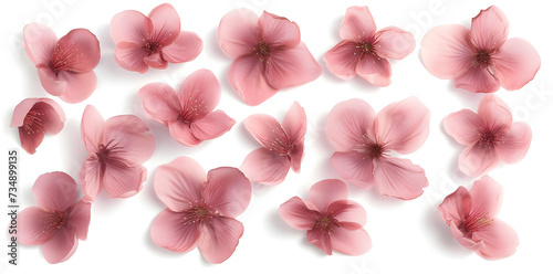 Collection of pink sakura flowers top view  isolated on white background