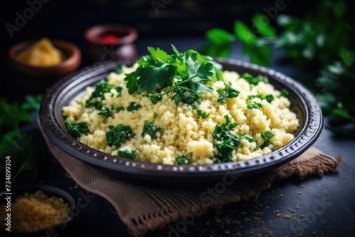 Couscous with spinach and parsley in a rustic metal bowl.