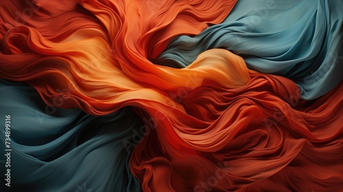 Vibrant orange and blue silky fabric waves. Abstract texture background.