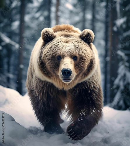 a bear walking in the snow through some forest trees by itself photo