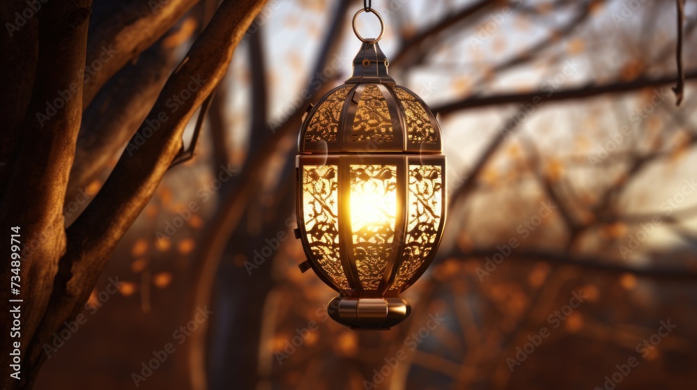 an arabic lantern hangs outside in a tree