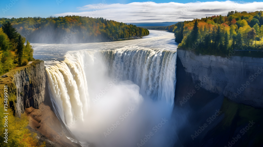 A waterfall with a person standing on the edge,,
Waterfall landscape HD 8K wallpaper Stock Photographic Image

