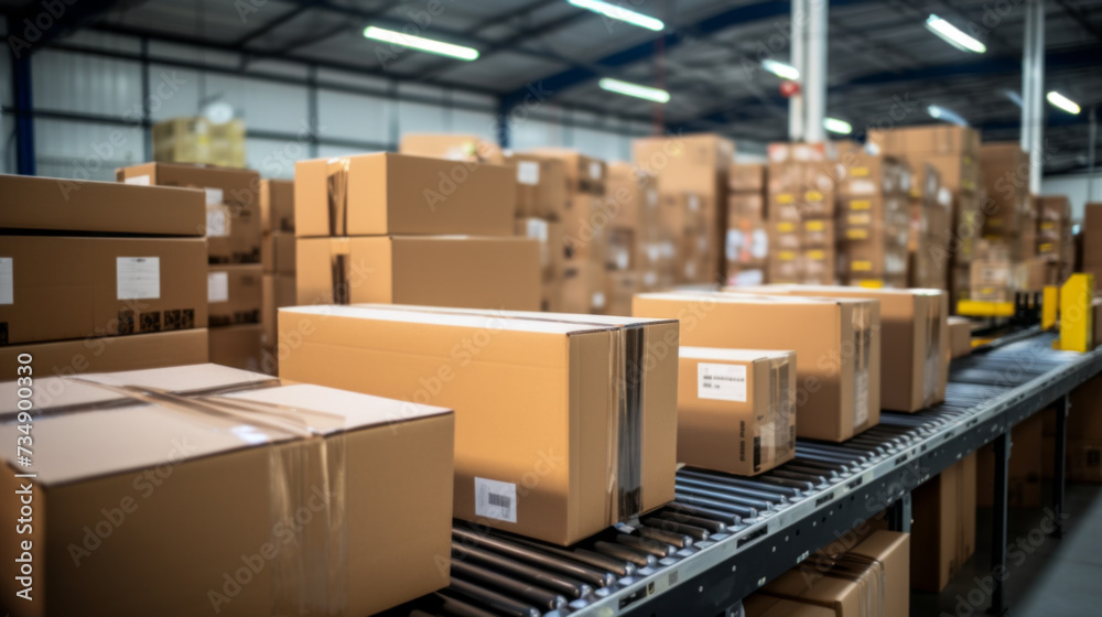 conveyor belt in a distribution warehouse with row of cardboard box packages conveyor belt in a distribution warehouse with row of cardboard box packages