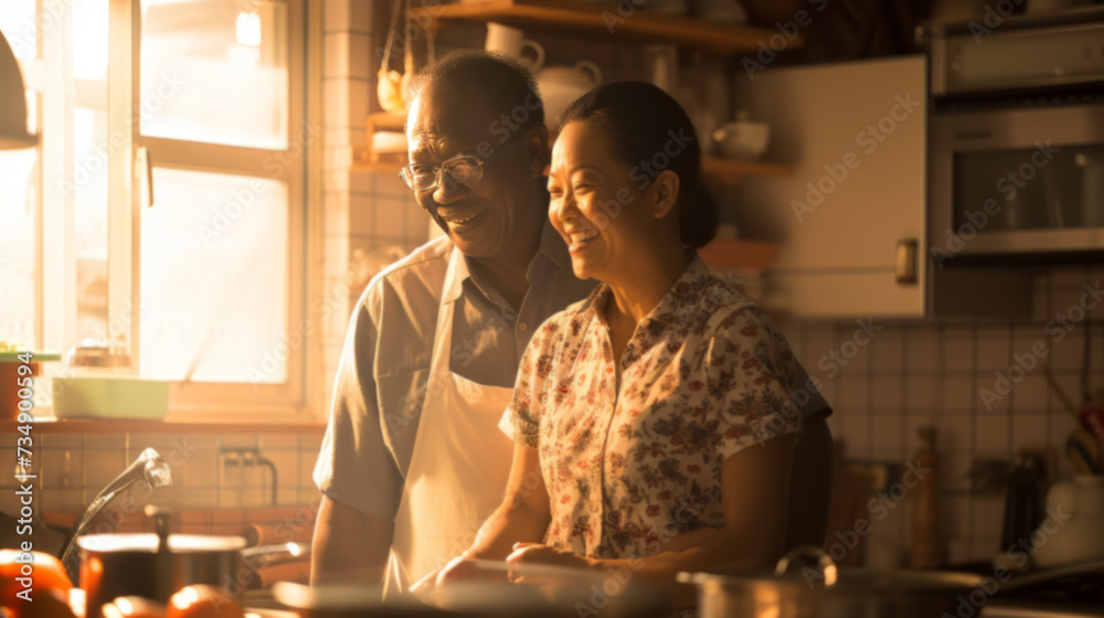 Multiracial couple enjoying a moment in the kitchen with warm lighting Multiracial couple enjoying a moment in the kitchen with warm lighting