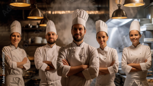 Professional Chefs in Aprons Smiling in Industrial Kitchen Setting