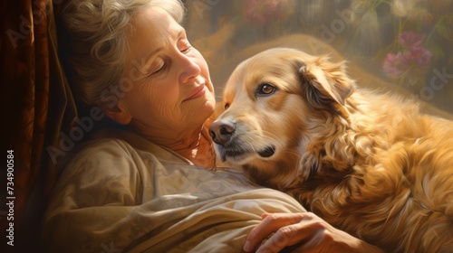 an older lady with her dog at home