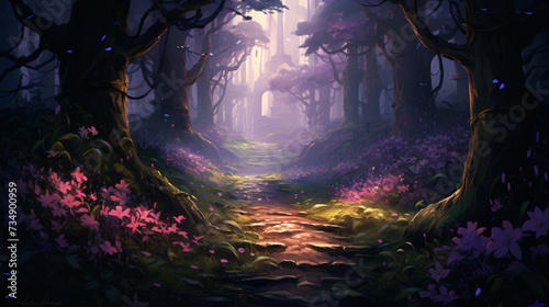 A painting of a path through a forest with purple hues.