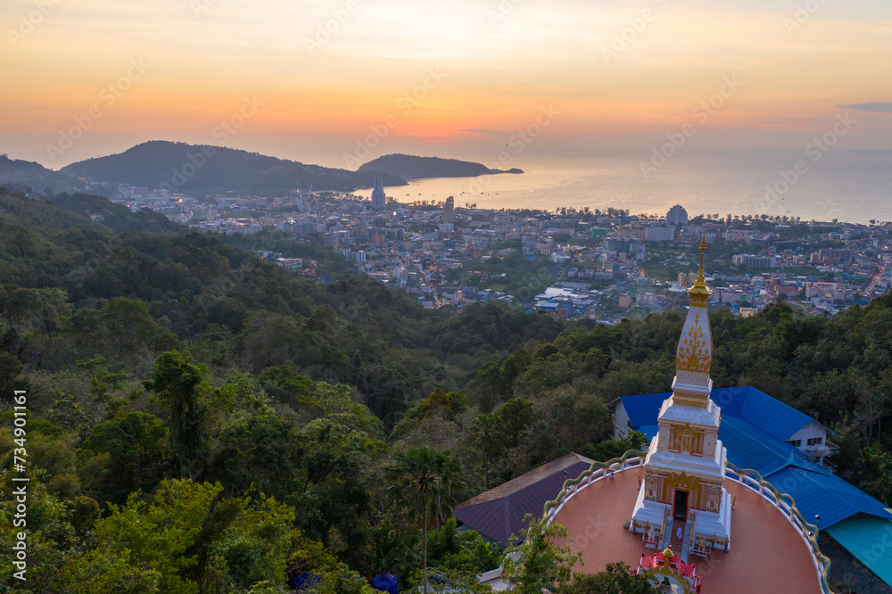 custom made wallpaper toronto digitalaerial view scenery sunset above pagoda of Doi Thepnimit temple on the highest of Patong mountain..The lights twinkle at twilight background..Scene of Colorful romantic sky sunset, beautiful pagoda.