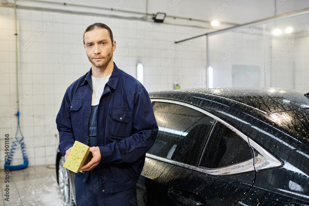 appealing dedicated serviceman in blue comfy uniform holding soapy sponge and looking at camera