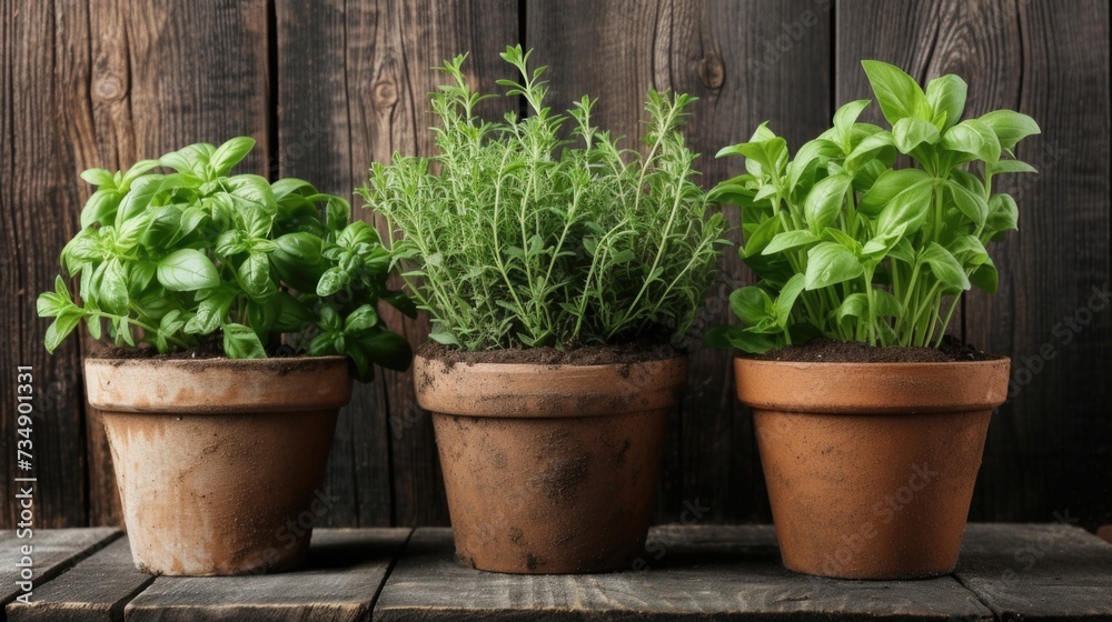 Potted Basil, Thyme, and Rosemary on Wooden Table Potted Basil, Thyme, and Rosemary on Wooden Table