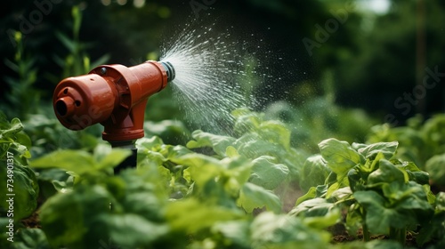 AI generated illustration of a red garden hose spraying water onto a lush vegetable garden photo