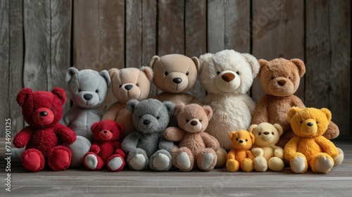 Assorted Teddy Bears on Wooden Background