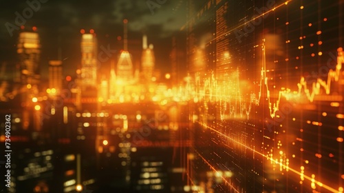 Close-up of a glowing stock market graph on a digital screen  symbols of global economics in the background