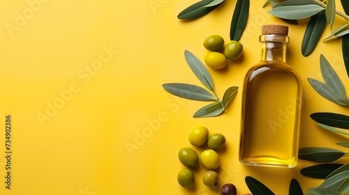 olive oil bottle with green olives background with copy space