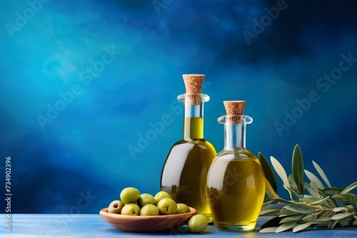 olive oil bottle with green olives background with copy space