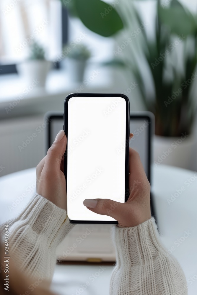 cell phone blank white screen mockup.woman hand holding texting using mobile on desk at office.background empty space for advertise.work people contact marketing business,technology cell phone blank white screen mockup.woman hand holding texting using mobile on desk at office.background empty space for advertise.work people contact marketing business,technology