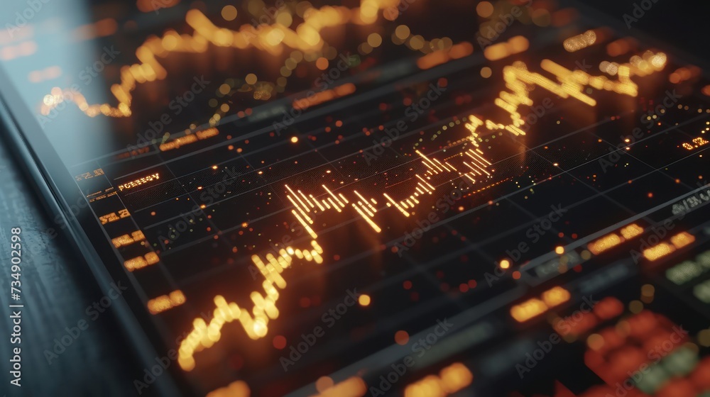 Close-up of Detailed view of a stock market chart on a digital tablet, financial symbols glowing Close-up of Detailed view of a stock market chart on a digital tablet, financial symbols glowing