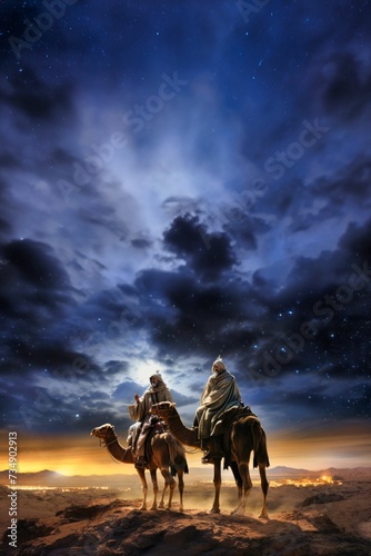 An AI illustration of three men on horseback riding in front of the stars, with a sky filled by