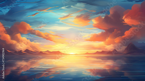A grand and expansive sunset backdrop, vibrant hues and artistic elements to a captivating scene Ai Generative
