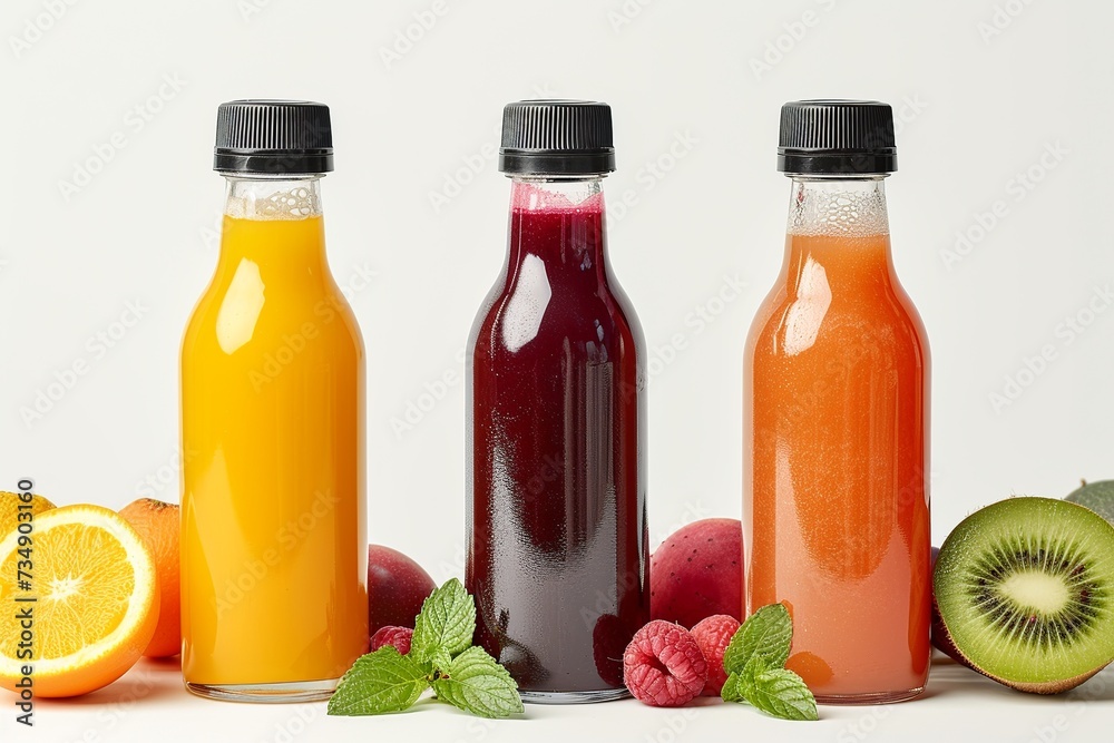 Discover the essence of freshness and variety with a trio of fruit juice bottles featuring sleek black caps, label-free to showcase the vibrant fruit blends inside, set against a crisp white backgroun Discover the essence of freshness and variety with a trio of fruit juice bottles featuring sleek black caps, label-free to showcase the vibrant fruit blends inside, set against a crisp white backgroun