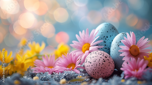 Easter eggs with daisies on blue bokeh background