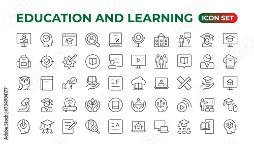 Education line icon collection.Contains knowledge, college, task list, design, training, idea, teacher, file, graduation hat, institute, ruler, and telescope. © artnazu