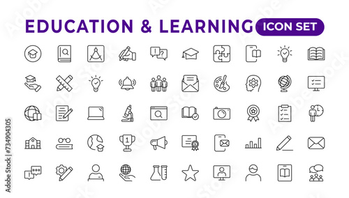 "Education line icon collection..Contains knowledge, college, task list, design, training, idea, .teacher, file, graduation hat, institute, ruler, and telescope..Education set of web icons in style. "