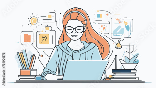 Vector de una mujer trabajando con su portátil