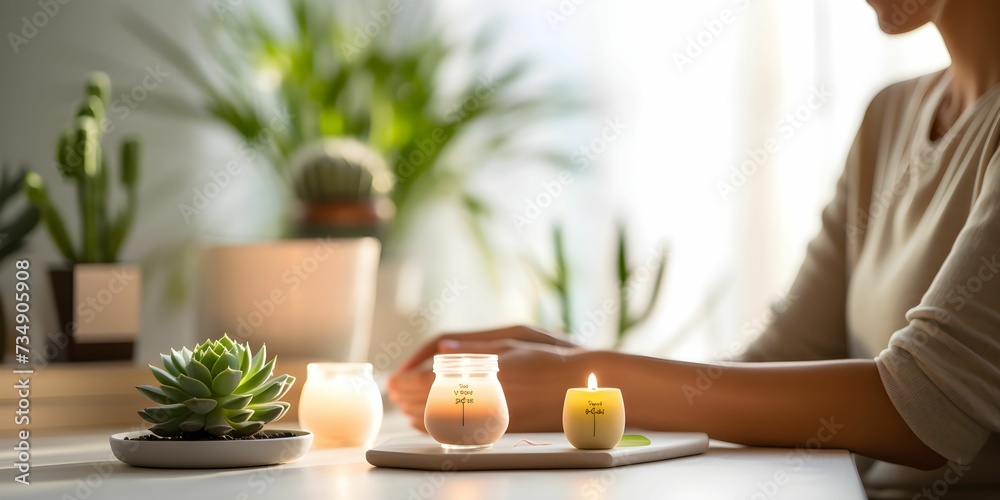 AI-generated illustration of a woman sitting at the table with small candles and plants on it