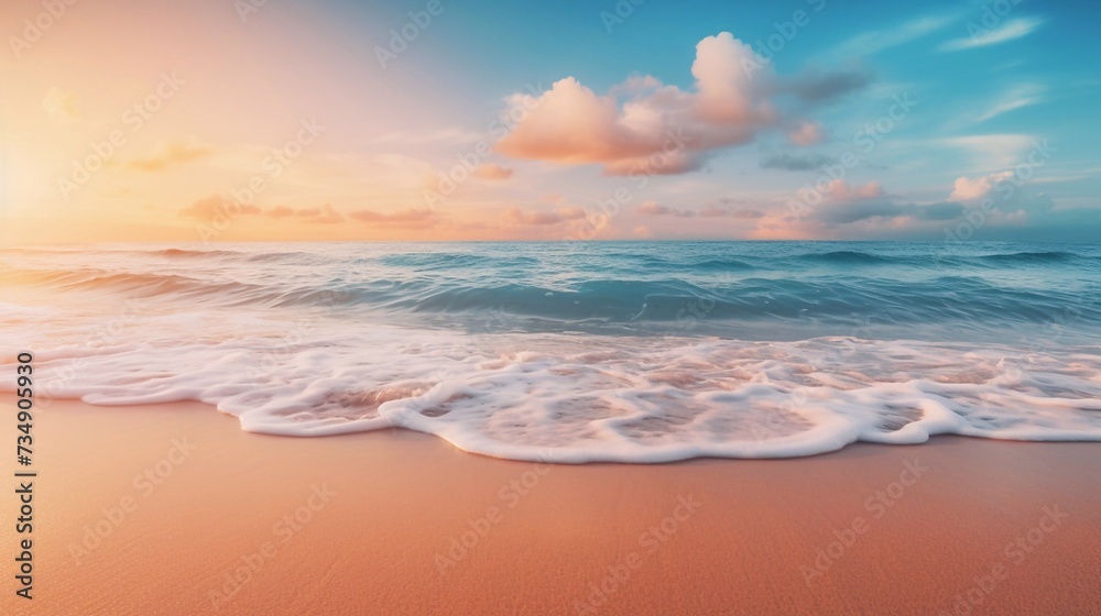 Empty tropical beach and seascape pastel peach fuzz and gold sunset sky, soft sand, tranquility, calm relaxing sunshine, summer moode