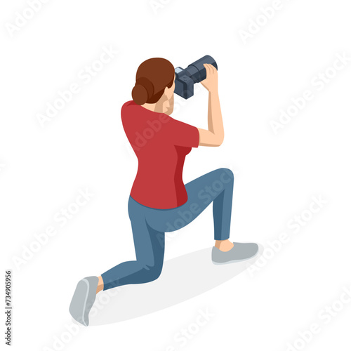 Isometric Woman Photographer with dslr Camera. Digital photo camera. Home hobby, lifestyle, travel, people concept. Professional Photographer