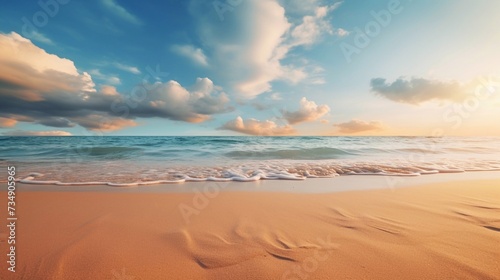 Empty tropical beach and seascape pastel peach fuzz and gold sunset sky  soft sand  tranquility  calm relaxing sunshine  summer moode