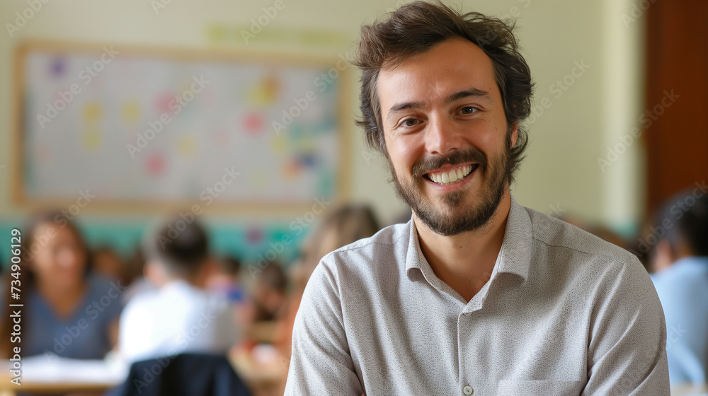 Friendly Male Teacher Smiling in Classroom with Students Friendly Male Teacher Smiling in Classroom with Students