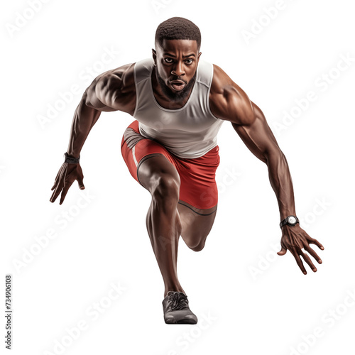 Sprinter Leaving Starting Blocks on Running Track isolated on white and transparent background. Ideal for use in advertising. Generative ai © Dima
