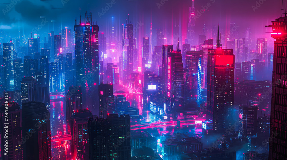 Fototapeta premium Futuristic Cityscape Immersed in Pink Sunset Haze