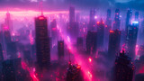 Futuristic Cityscape Immersed in Pink Sunset Haze