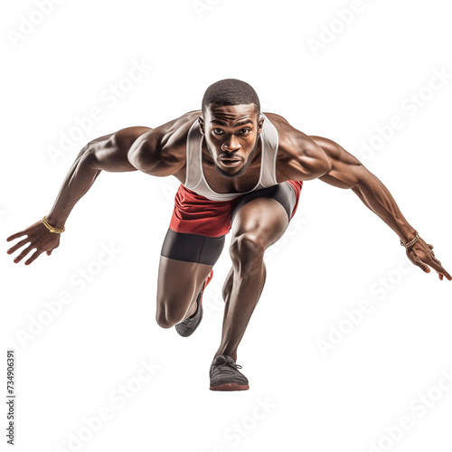 Sprinter Leaving Starting Blocks on Running Track isolated on white and transparent background. Ideal for use in advertising. Generative ai