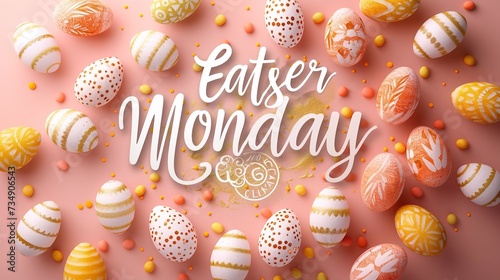Typography: Happy Easter Monday trendy design with hand drawn strokes and dots, eggs, bunny ears, spring flowers in pastel colors. Modern minimalist style. photo