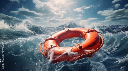 Lifebuoy ring floating in deep sea in storm weather on cloud background. Assistance, insurance and help concept