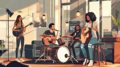 Home studio setting with a band practicing each engaging with different instruments and contributing to the casual.