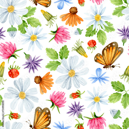 Watercolor wildflowers  daisy  clover and butterfly seamless pattern